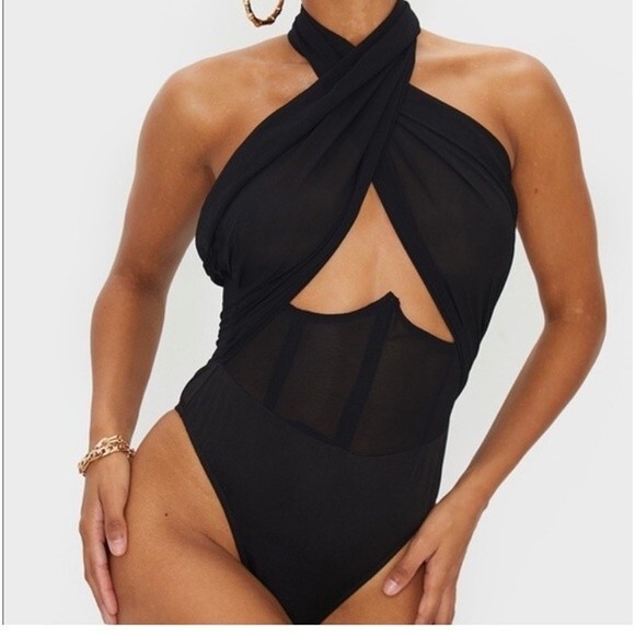 NWT Pretty Little Thing Goth Chiffon Halterneck Underbust Corset Bodysuit 2 - Picture 1 of 11